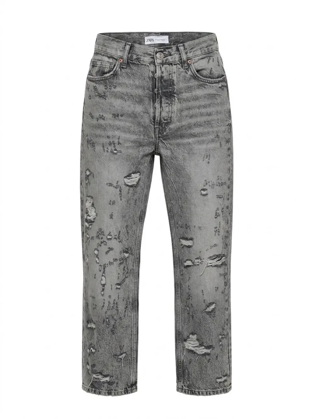 Zara Gray Acid Wash Distressed Button Fly Straight Leg Jeans Women Size 2